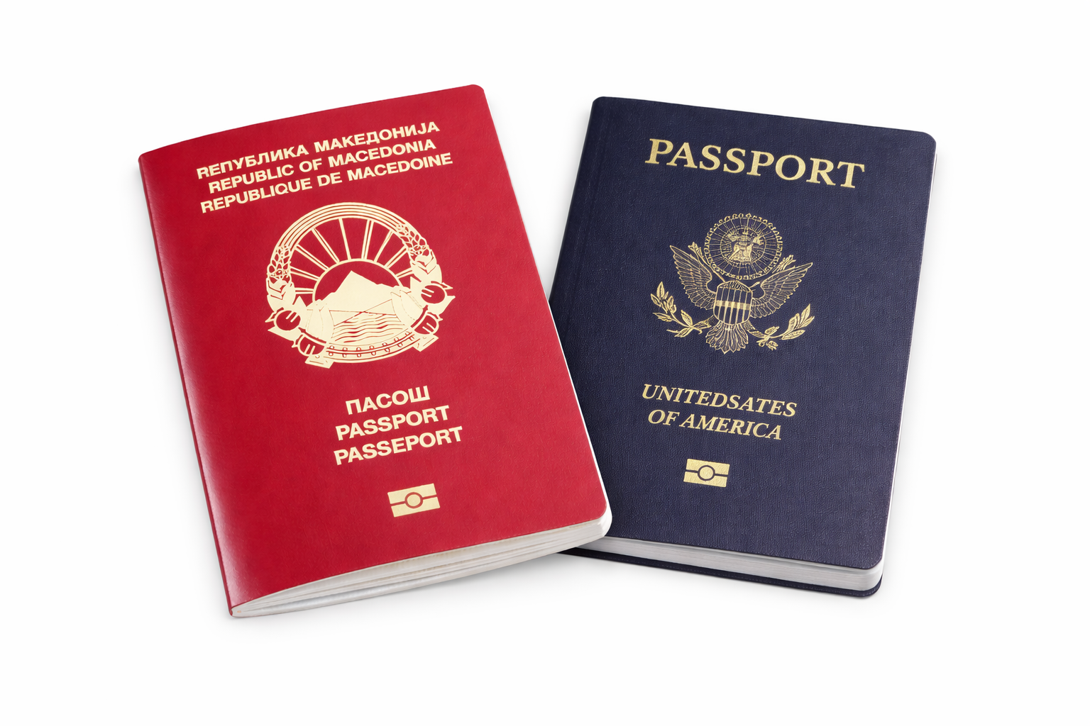 US-amerikanischer und nordmazedonischer Reisepass nebeneinander als Symbol für doppelte Staatsbürgerschaft
