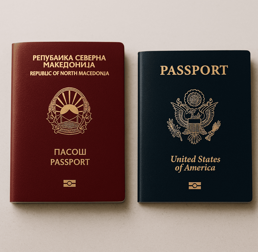 Macedonian citizenship by descent symbolized by a Macedonian and foreign passport side by side, representing dual citizenship rights.