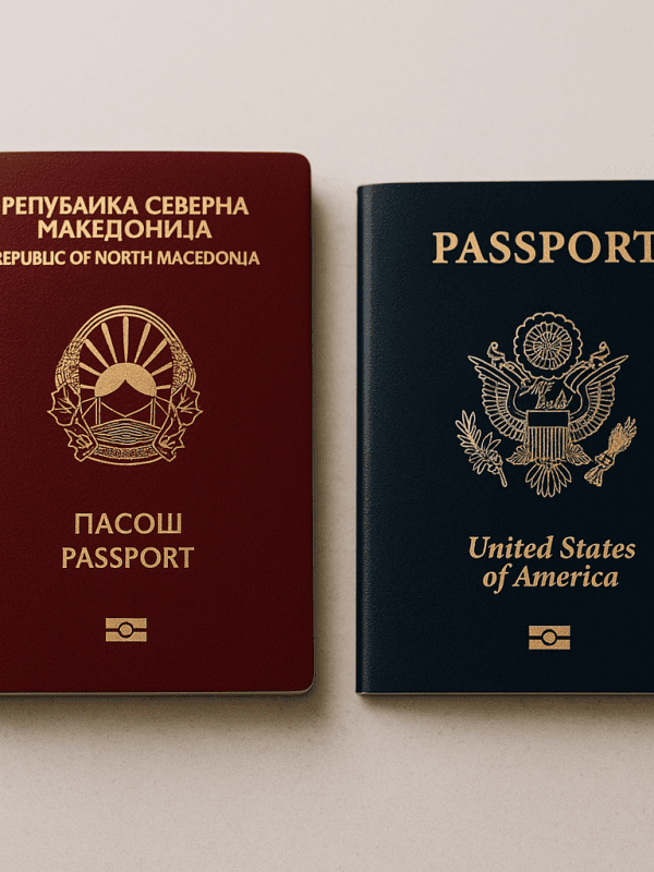 Macedonian citizenship by descent symbolized by a Macedonian and foreign passport side by side, representing dual citizenship rights.