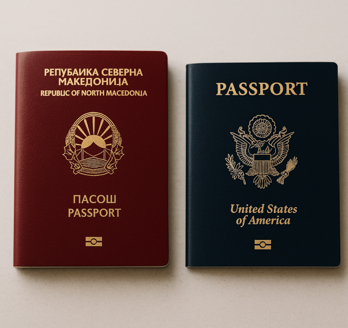 Macedonian citizenship by descent symbolized by a Macedonian and foreign passport side by side, representing dual citizenship rights.