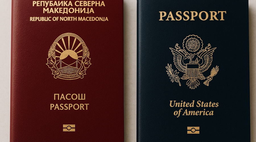 Macedonian citizenship by descent symbolized by a Macedonian and foreign passport side by side, representing dual citizenship rights.