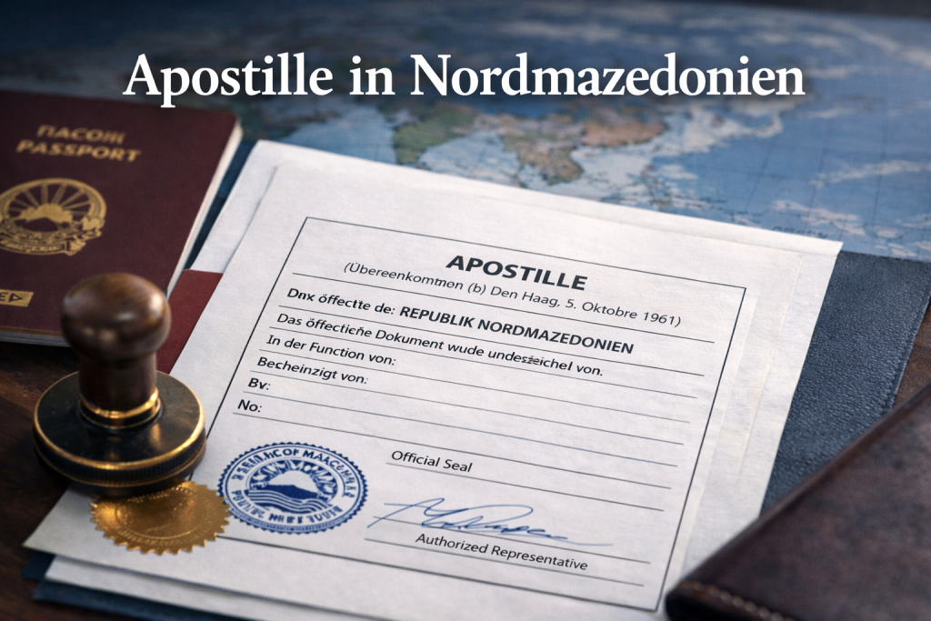 Apostille in Nordmazedonien Dokument mit Stempel und Reisepass – Rechtsanwalt Skopje