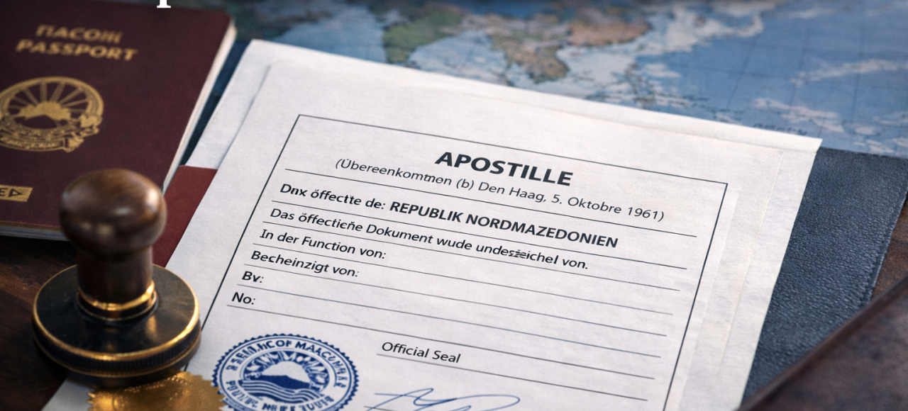Apostille in Nordmazedonien Dokument mit Stempel und Reisepass – Rechtsanwalt Skopje