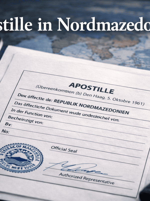 Apostille in Nordmazedonien Dokument mit Stempel und Reisepass – Rechtsanwalt Skopje