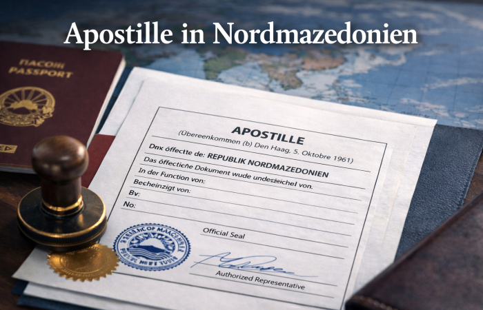 Apostille in Nordmazedonien Dokument mit Stempel und Reisepass – Rechtsanwalt Skopje