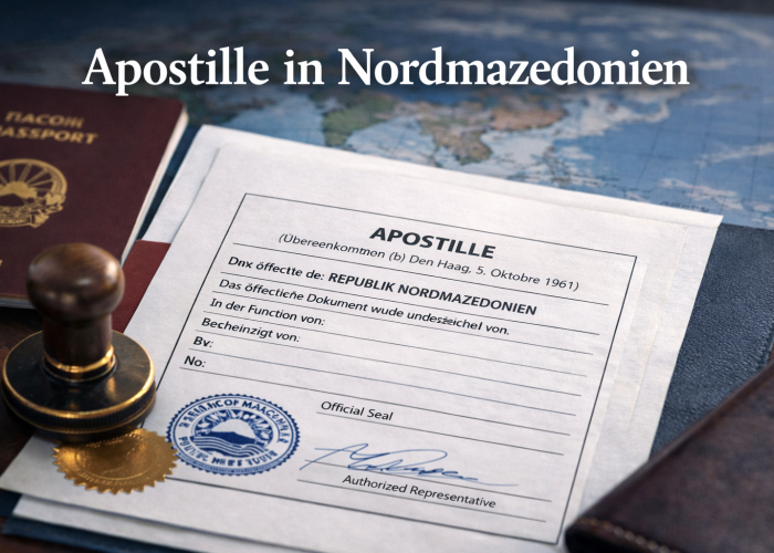 Apostille in Nordmazedonien Dokument mit Stempel und Reisepass – Rechtsanwalt Skopje
