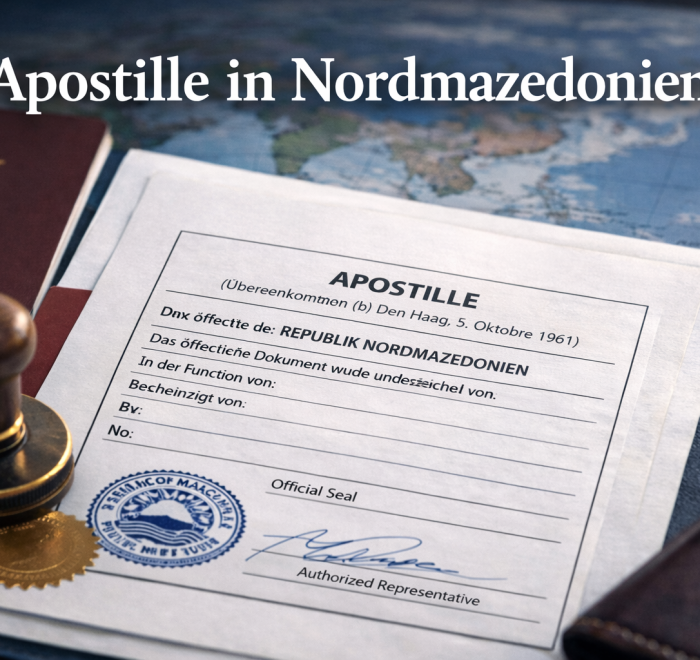 Apostille in Nordmazedonien Dokument mit Stempel und Reisepass – Rechtsanwalt Skopje
