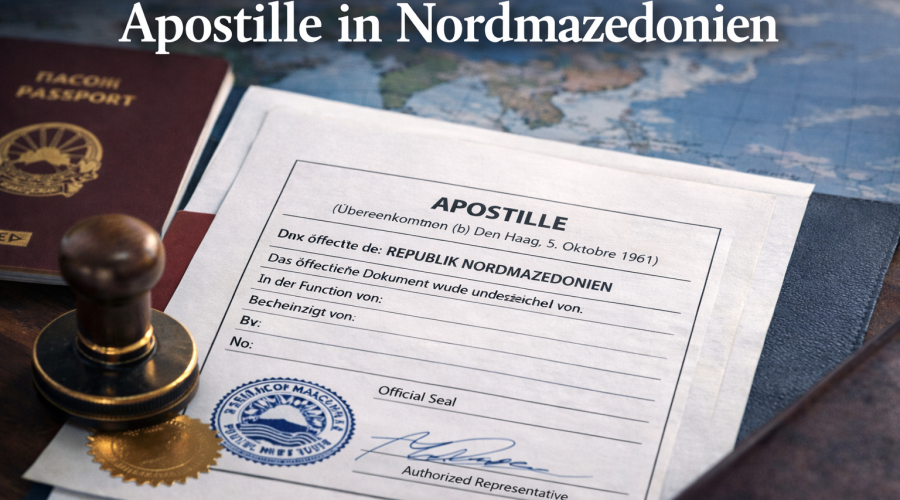 Apostille in Nordmazedonien Dokument mit Stempel und Reisepass – Rechtsanwalt Skopje