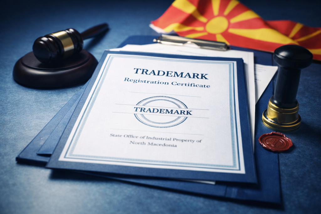 Trademark registration in North Macedonia certificate on legal desk with gavel and seal representing brand protection and trademark lawyer services.